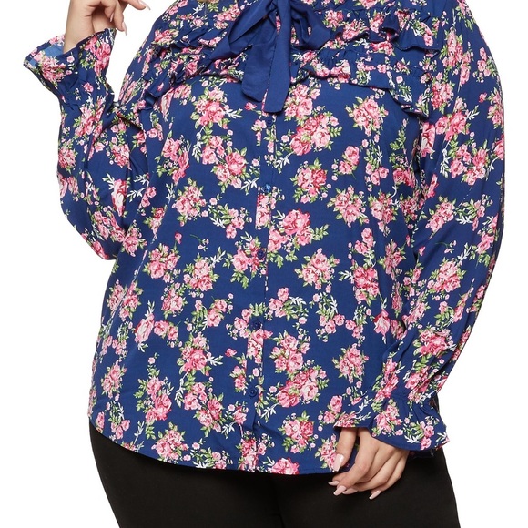 Plus Size Floral Blue and Pink Ruffled Tie Front Long Sleeve Blouse Size 2X - Picture 1 of 5